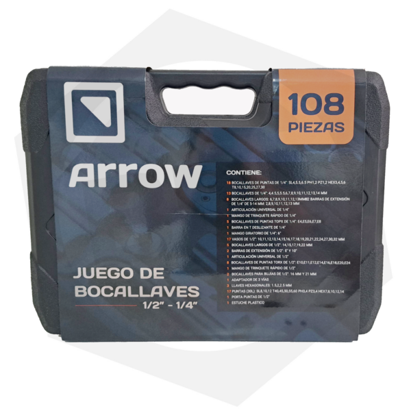 Juego de Bocallaves Arrow AR108B – 1/4″ / 1/2″ / 108 Piezas