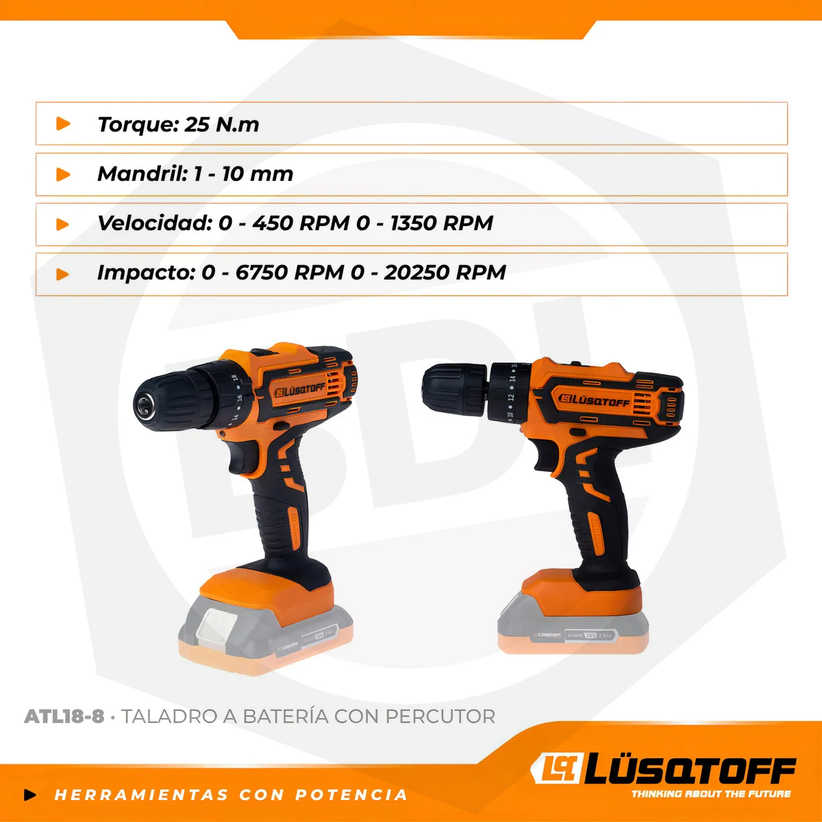 Taladro Atornillador a Bateria Lusqtoff ATL18-8. 10MM – 18V – S/Cargador y Bateria.