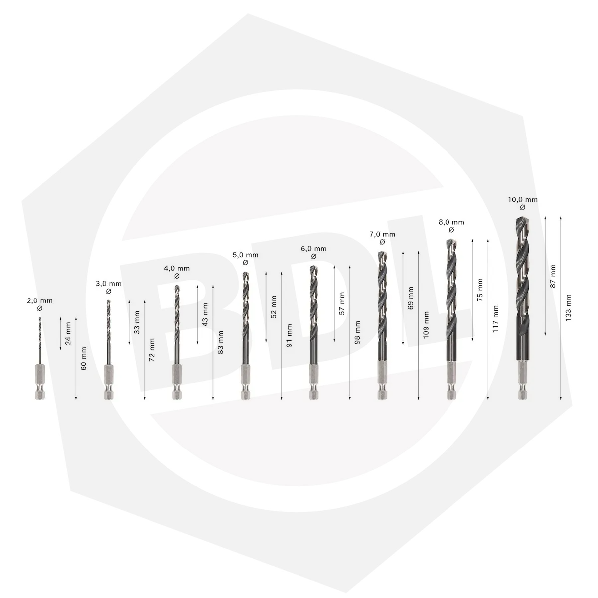 Juego de Mechas Impact Control Bosch HSS E 1/4″. 8 Piezas.